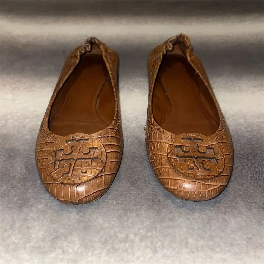 Tory Burch Reva Women's Brown Croc Embossed Ballet Flats Size 7.5 - Picture 3 of 9